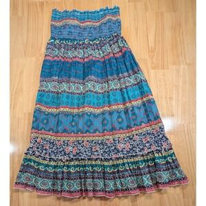 Mudd Womens Size 12 Boho Maxi Skirt Blue Multicolor Smocked Waist